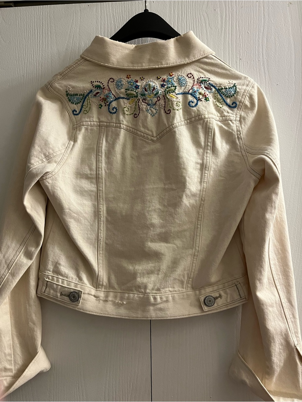 Vintage Old Navy Cream Denim Jacket Beaded Embroidered Back Women’s Medium